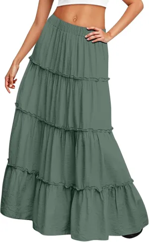 Womens Maxi Skirt Boho Tiered Long Skirts Summer Trendy A Line Ruffle Maxi Skirts Casual Resort Wear with Pockets