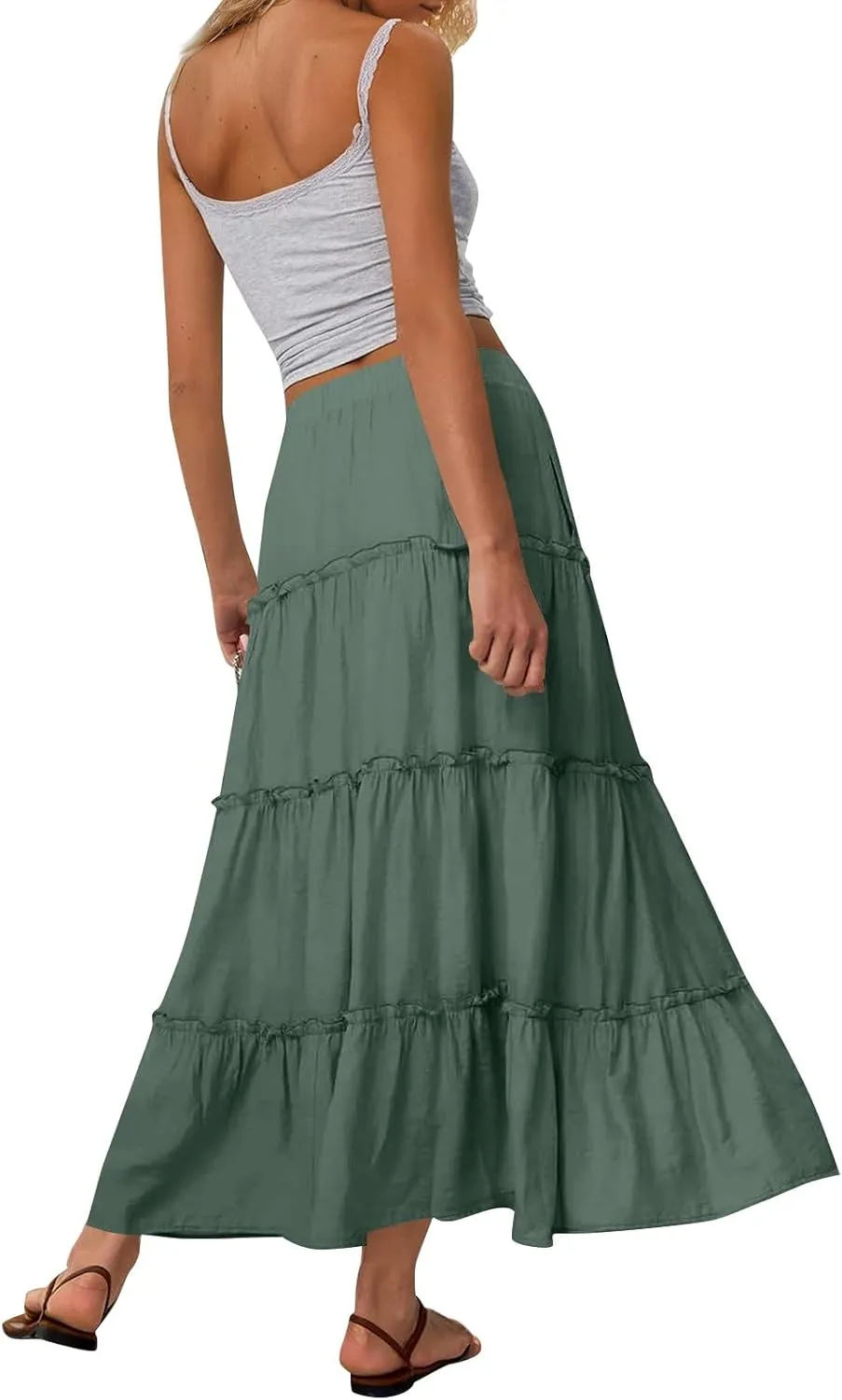 Womens Maxi Skirt Boho Tiered Long Skirts Summer Trendy A Line Ruffle Maxi Skirts Casual Resort Wear with Pockets