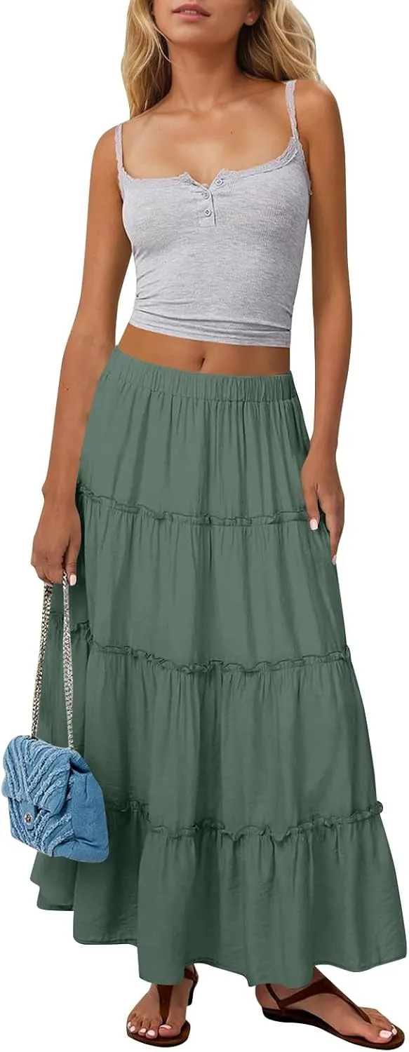 Womens Maxi Skirt Boho Tiered Long Skirts Summer Trendy A Line Ruffle Maxi Skirts Casual Resort Wear with Pockets