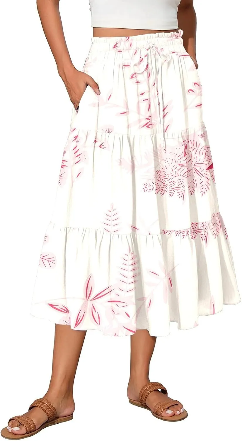 Women's Midi Boho Floral Tiered Skirts Trendy A Line Skirt Comfy Flowy Drawstring High Elastic Waist Skorts with Pockets