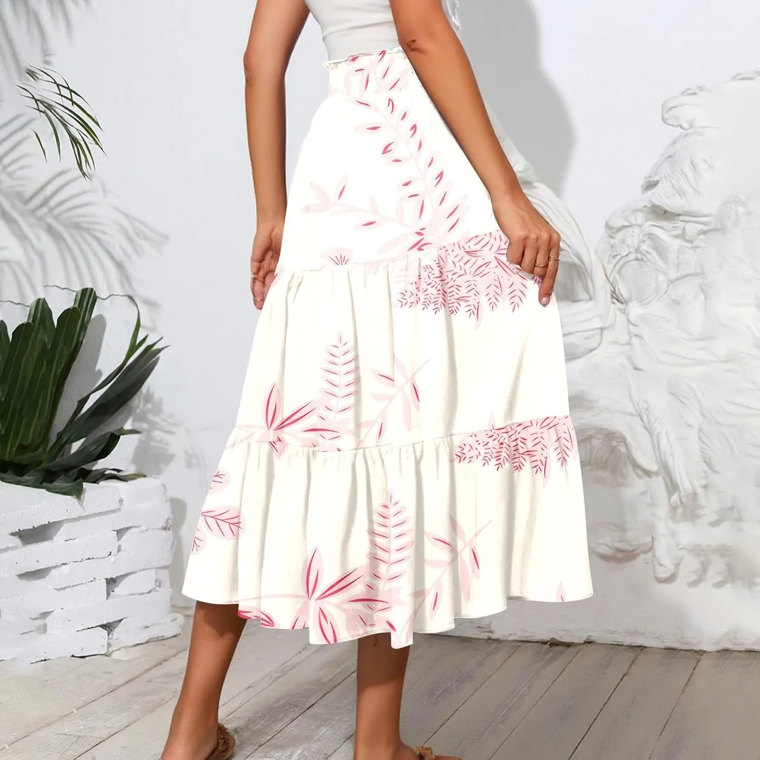 Women's Midi Boho Floral Tiered Skirts Trendy A Line Skirt Comfy Flowy Drawstring High Elastic Waist Skorts with Pockets