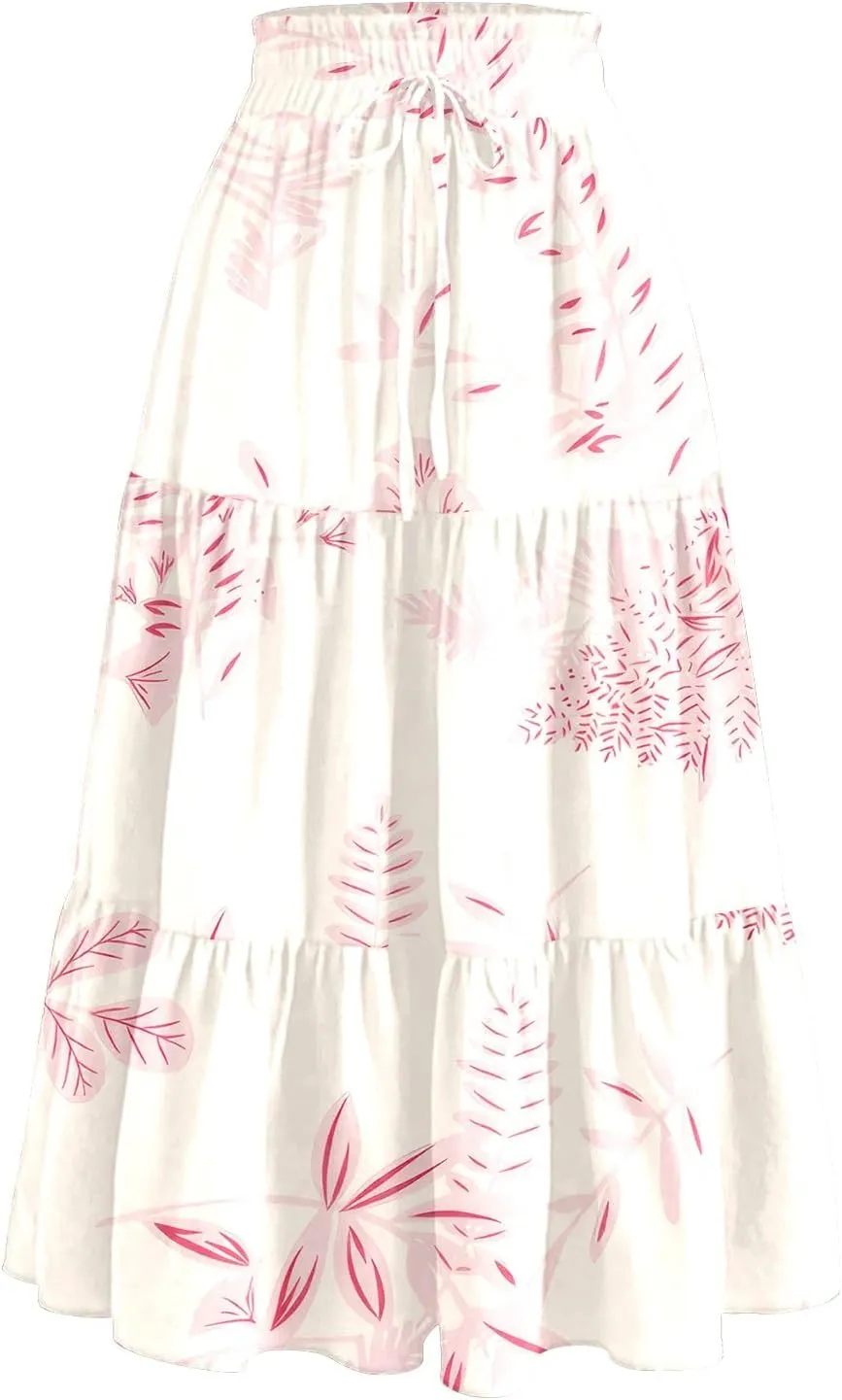 Women's Midi Boho Floral Tiered Skirts Trendy A Line Skirt Comfy Flowy Drawstring High Elastic Waist Skorts with Pockets