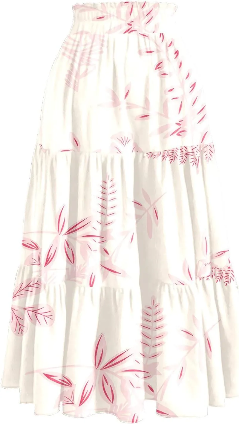 Women's Midi Boho Floral Tiered Skirts Trendy A Line Skirt Comfy Flowy Drawstring High Elastic Waist Skorts with Pockets