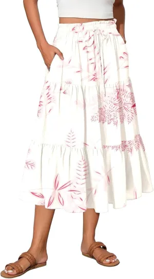 Women's Midi Boho Floral Tiered Skirts Trendy A Line Skirt Comfy Flowy Drawstring High Elastic Waist Skorts with Pockets