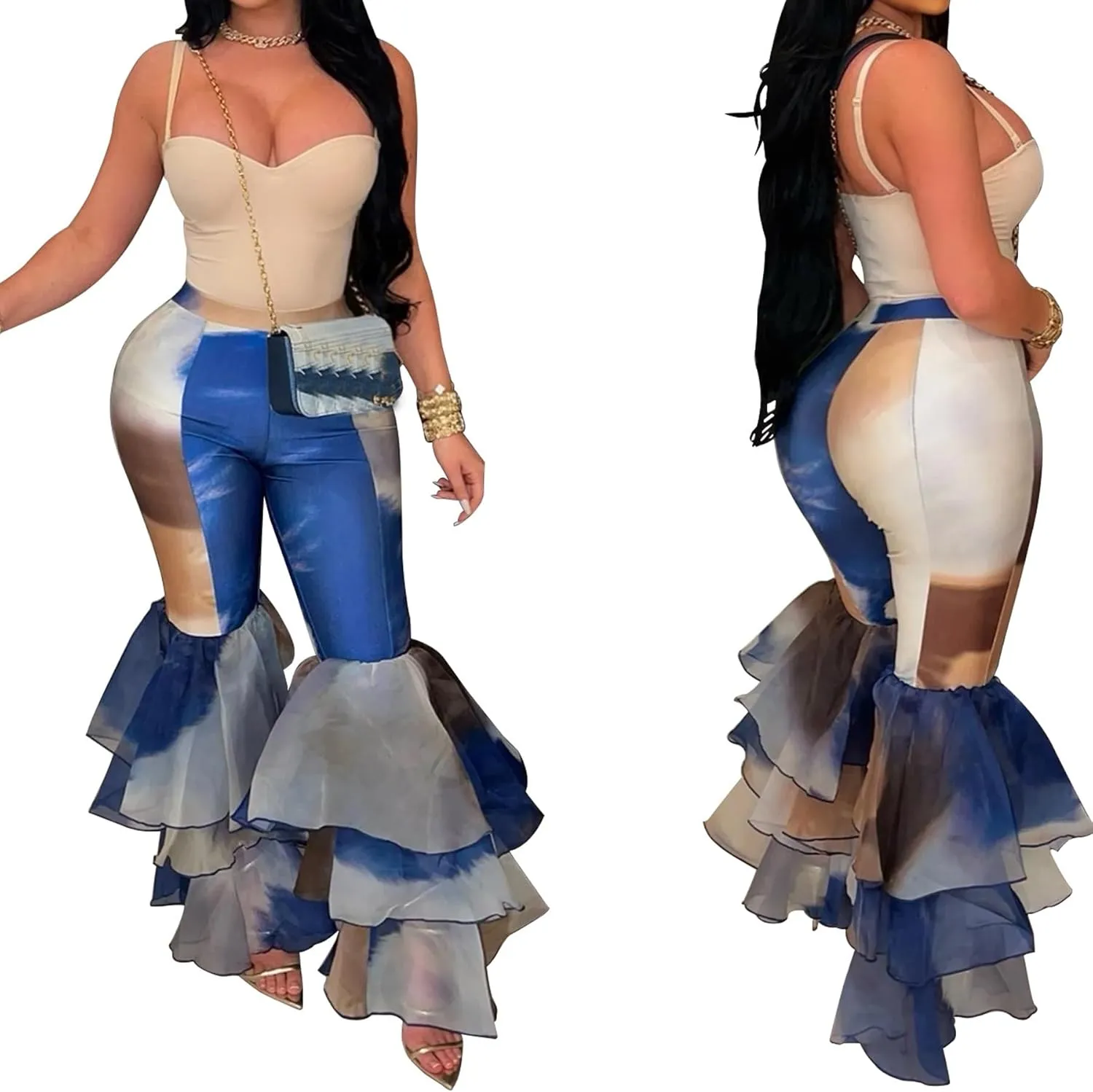 Women's Multi Ruffle Hem Flared Pants Printed High Waisted Bell Bottoms Fashion Trousers Bodycon Pants