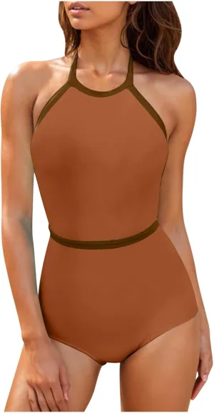 Womens One Piece Swimsuits 2025 Summer Trendy Backless High Neck Tummy Control Color Block Halter Tie Bathing Suits
