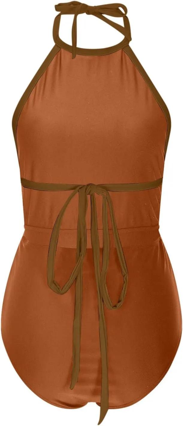Womens One Piece Swimsuits 2025 Summer Trendy Backless High Neck Tummy Control Color Block Halter Tie Bathing Suits