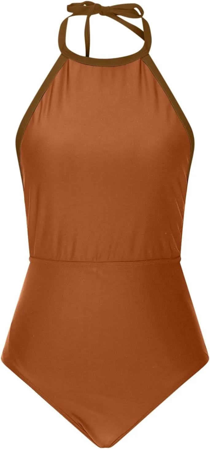 Womens One Piece Swimsuits 2025 Summer Trendy Backless High Neck Tummy Control Color Block Halter Tie Bathing Suits