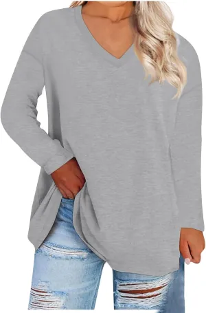 Womens Oversized Tee Shirts Long Sleeve Solid Color Crew Neck Plus Size Tops for Women Cute Tops for Women