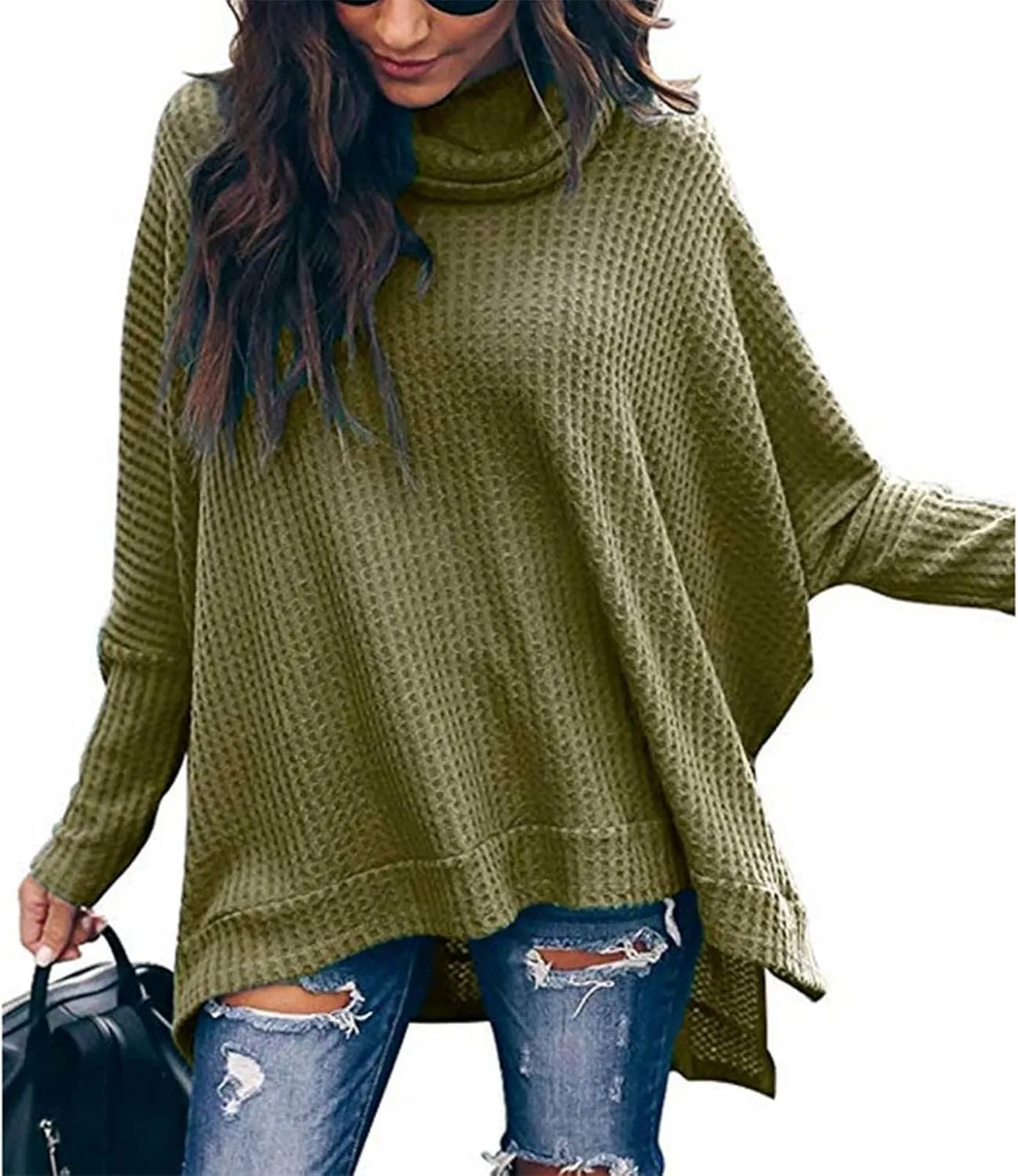 Women's Oversized Tops Waffle Knit Batwing Sleeve Turtleneck Sweater Shirts High Low Irregular Hem Side Slit Blouses