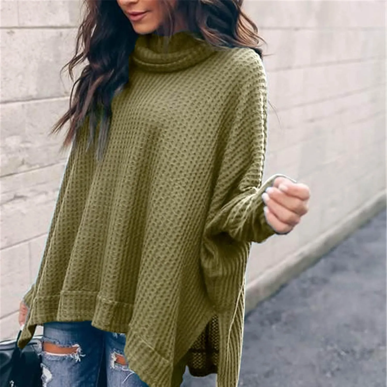 Women's Oversized Tops Waffle Knit Batwing Sleeve Turtleneck Sweater Shirts High Low Irregular Hem Side Slit Blouses