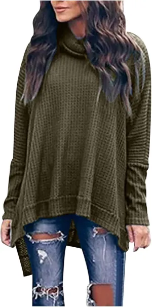 Women's Oversized Tops Waffle Knit Batwing Sleeve Turtleneck Sweater Shirts High Low Irregular Hem Side Slit Blouses