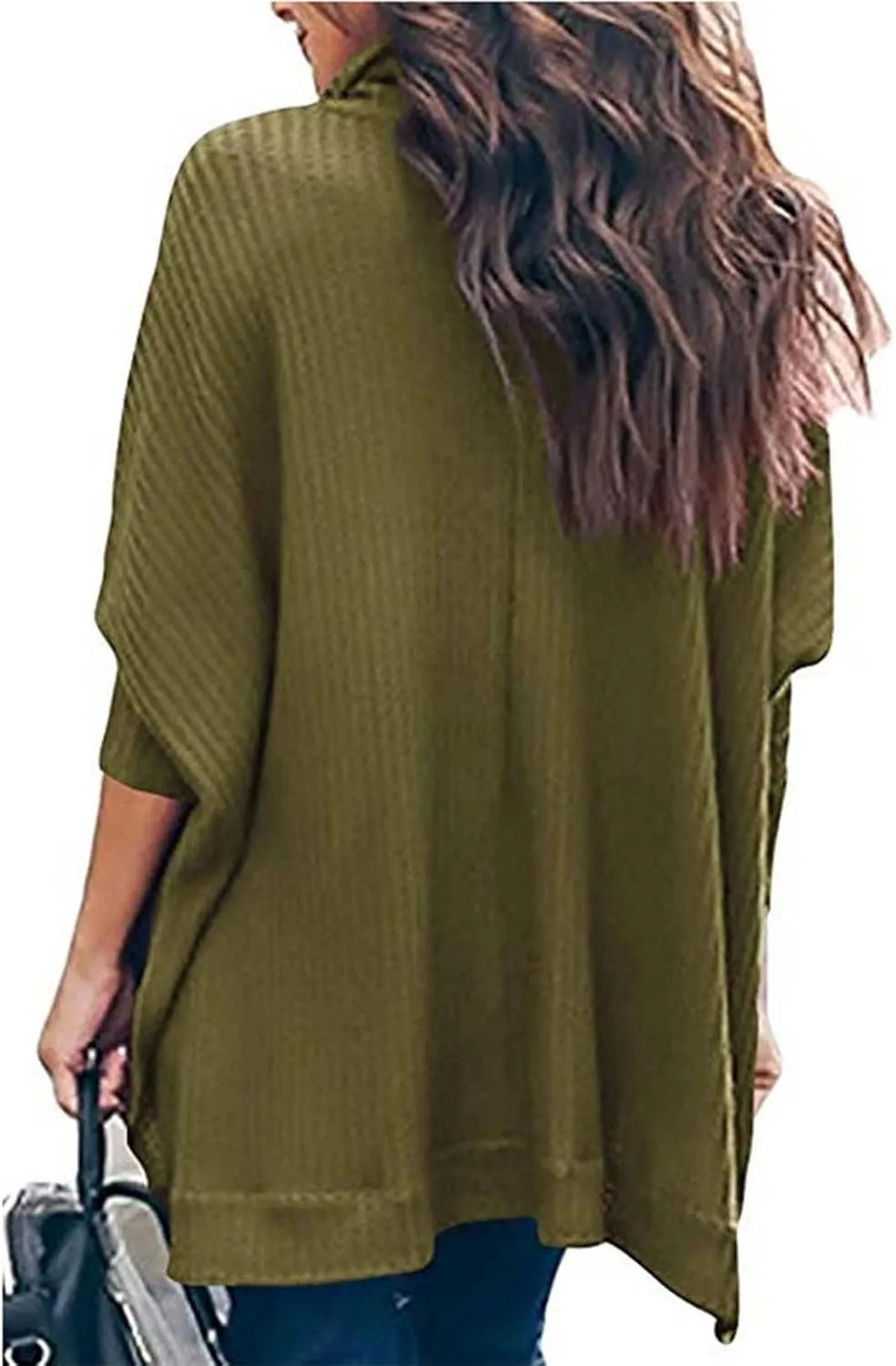 Women's Oversized Tops Waffle Knit Batwing Sleeve Turtleneck Sweater Shirts High Low Irregular Hem Side Slit Blouses