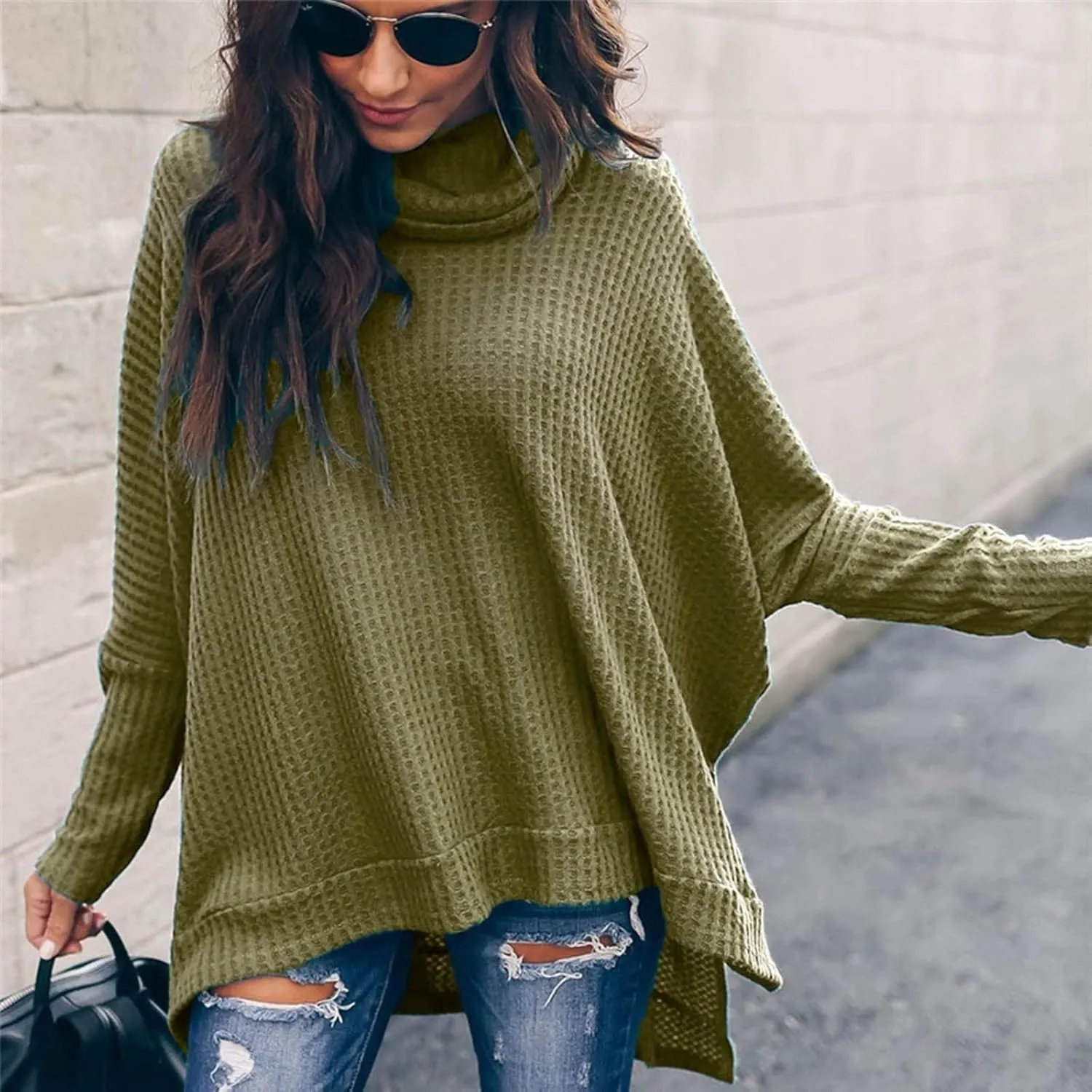 Women's Oversized Tops Waffle Knit Batwing Sleeve Turtleneck Sweater Shirts High Low Irregular Hem Side Slit Blouses