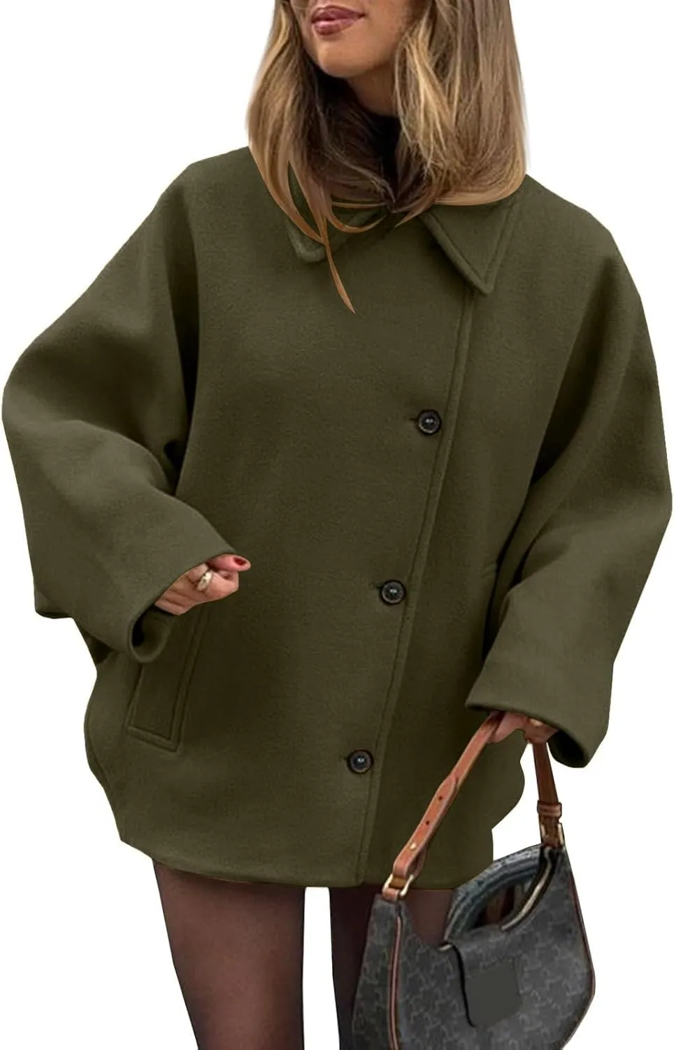 Womens Pea Coats Mid-Long Elegant Lapel Double Breasted Jacket Wool Blend Fall Winter Overcoat Outerwear with Pockets