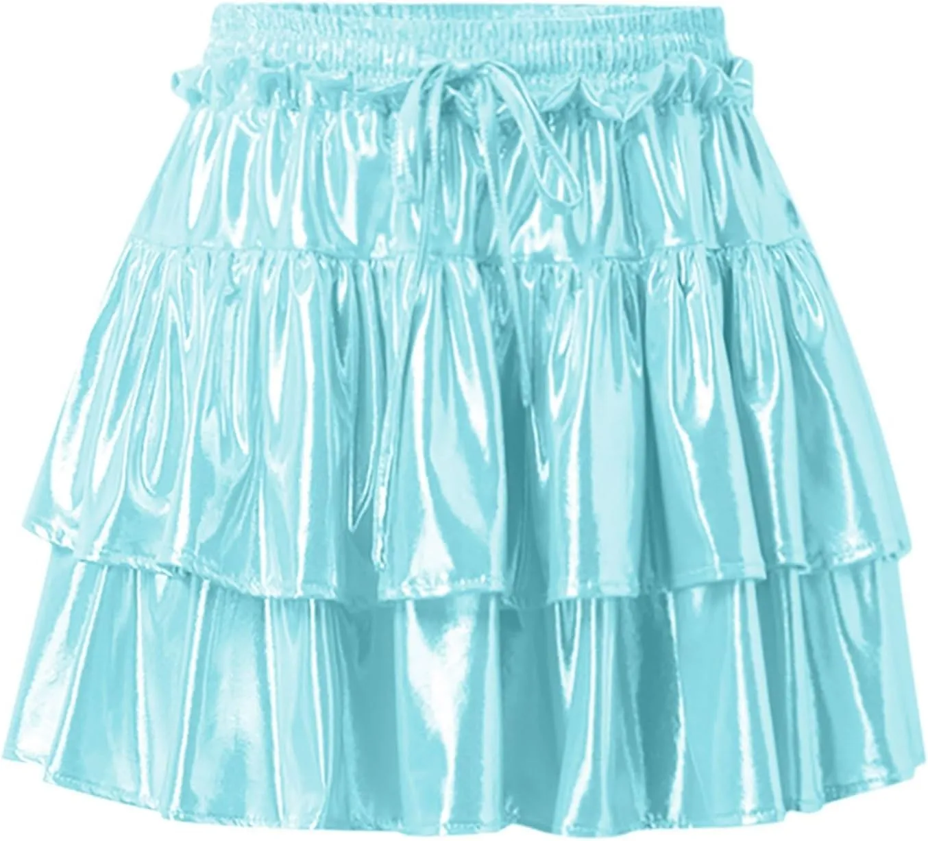 Womens Pleated Flare Skirts Plain Basic Sparkly Layered Elastic Waist High Waisted Mini Skirts Holiday Dance Party Skirts