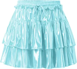 Womens Pleated Flare Skirts Plain Basic Sparkly Layered Elastic Waist High Waisted Mini Skirts Holiday Dance Party Skirts