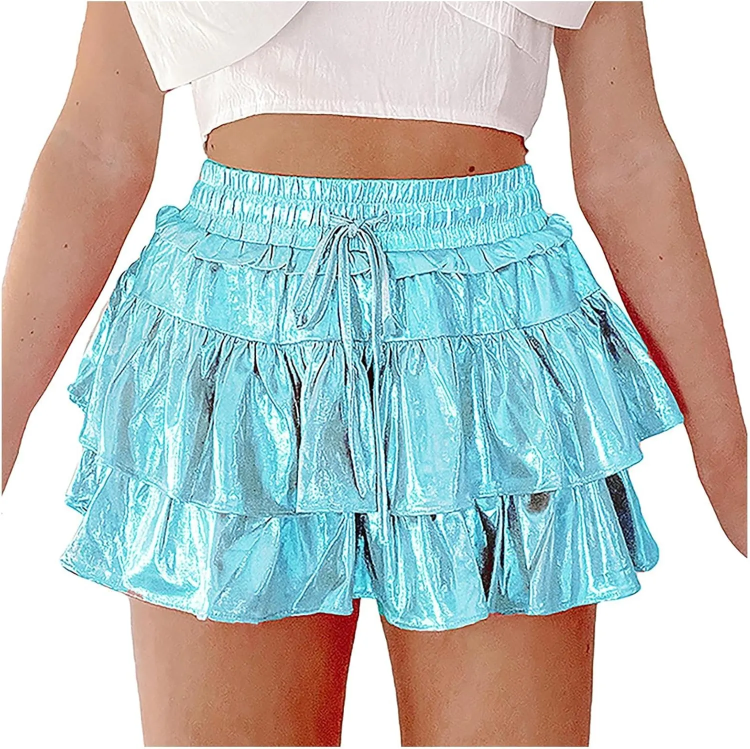 Womens Pleated Flare Skirts Plain Basic Sparkly Layered Elastic Waist High Waisted Mini Skirts Holiday Dance Party Skirts