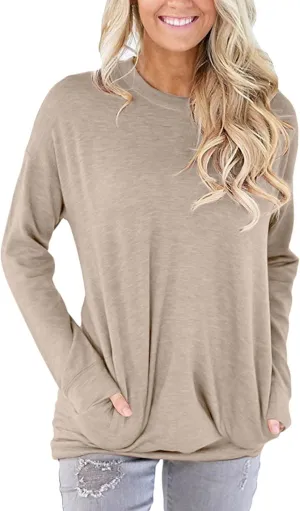 Womens Pocket Shirts Casual Loose Fit Tunic Top Comfy Cute Sweatshirts Long Sleeve Crewneck Pullovers T-Shirts