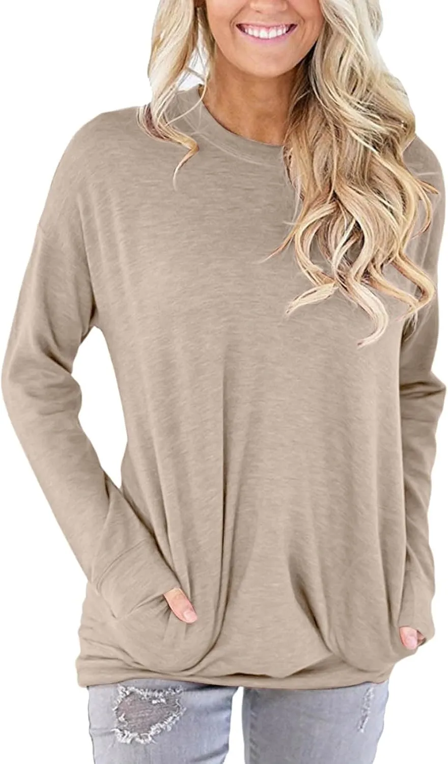 Womens Pocket Shirts Casual Loose Fit Tunic Top Comfy Cute Sweatshirts Long Sleeve Crewneck Pullovers T-Shirts