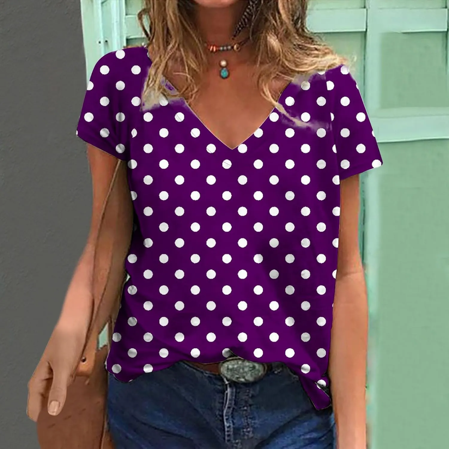 Womens Polka Dot Tops 2024 Summer Short Sleeve V Neck Tees Blouses Fashion Casual Loose Comfy Business Tshirts