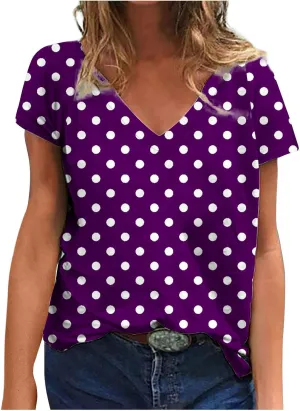Womens Polka Dot Tops 2024 Summer Short Sleeve V Neck Tees Blouses Fashion Casual Loose Comfy Business Tshirts