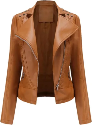 Women's Punk Rivet Leather Jacket Spring Autumn Retro Turndown Collar Casual Faux Leather Moto Biker Outerwear