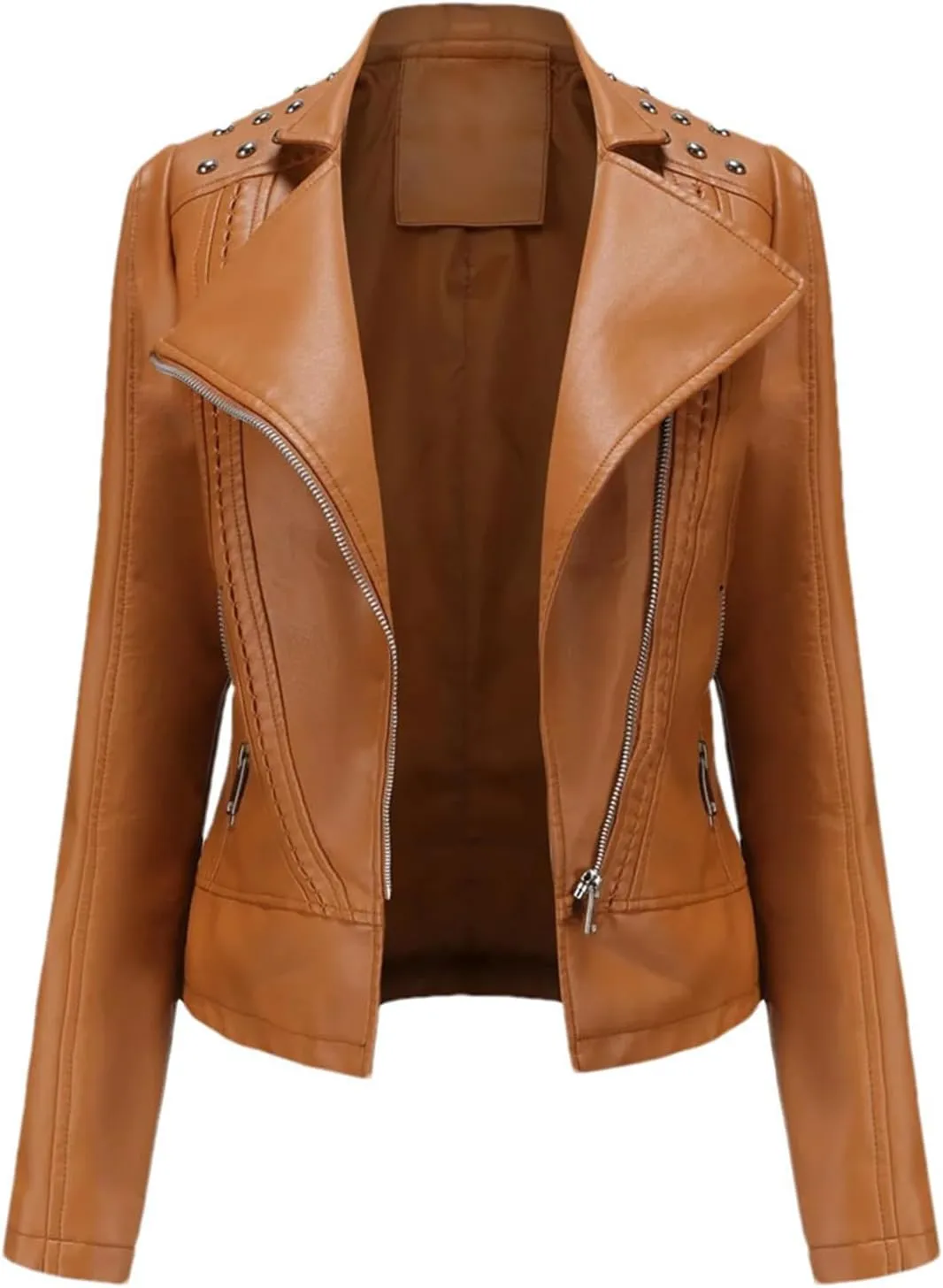 Women's Punk Rivet Leather Jacket Spring Autumn Retro Turndown Collar Casual Faux Leather Moto Biker Outerwear