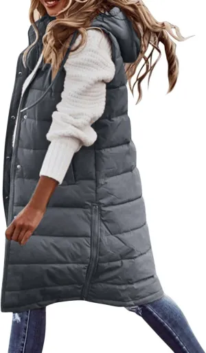 Womens Quilted Puffer Vest with Hooded Zipper Lightweight Long Down Sleeveless Jackets Warm Winter Coats with Pockets