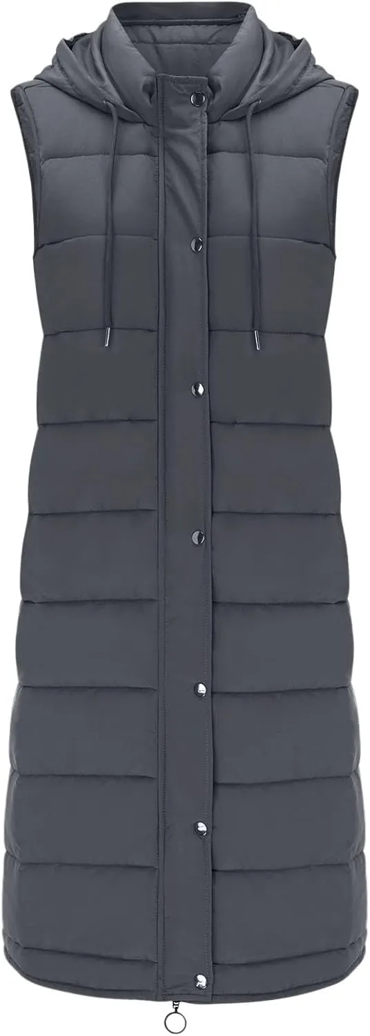 Womens Quilted Puffer Vest with Hooded Zipper Lightweight Long Down Sleeveless Jackets Warm Winter Coats with Pockets