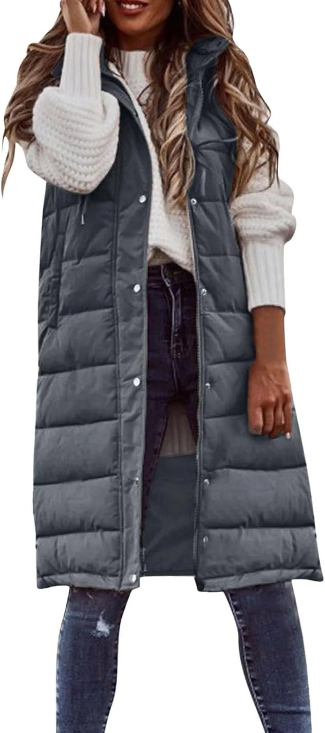 Womens Quilted Puffer Vest with Hooded Zipper Lightweight Long Down Sleeveless Jackets Warm Winter Coats with Pockets