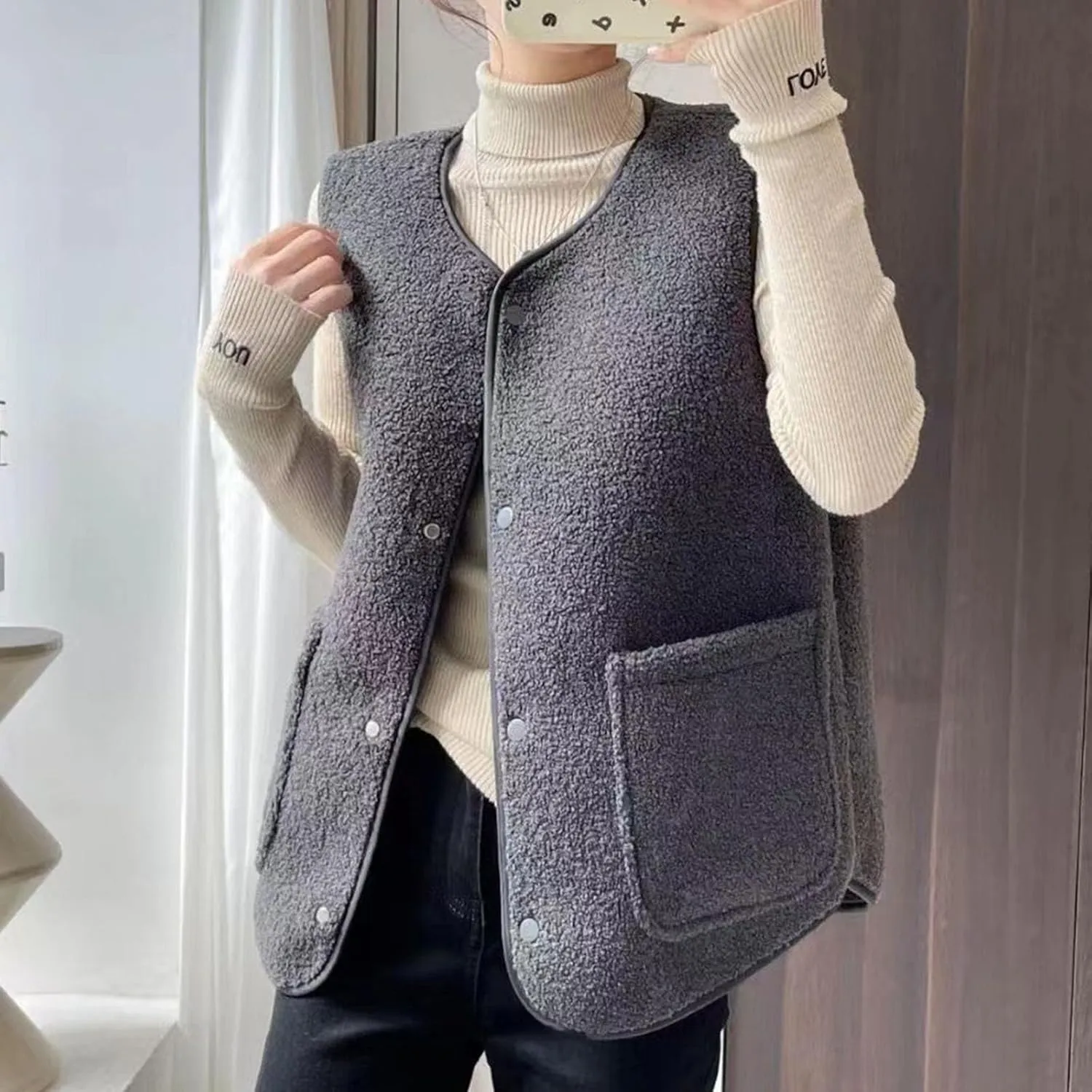 Womens Reversible Plaid Sherpa Vest Fuzzy Fleece Jacket Lightweight Cozy Sleeveless Cardigan Button Up Waistcoat Gilet