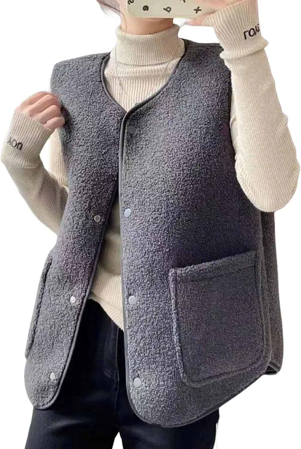 Womens Reversible Plaid Sherpa Vest Fuzzy Fleece Jacket Lightweight Cozy Sleeveless Cardigan Button Up Waistcoat Gilet