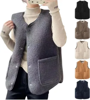 Womens Reversible Plaid Sherpa Vest Fuzzy Fleece Jacket Lightweight Cozy Sleeveless Cardigan Button Up Waistcoat Gilet