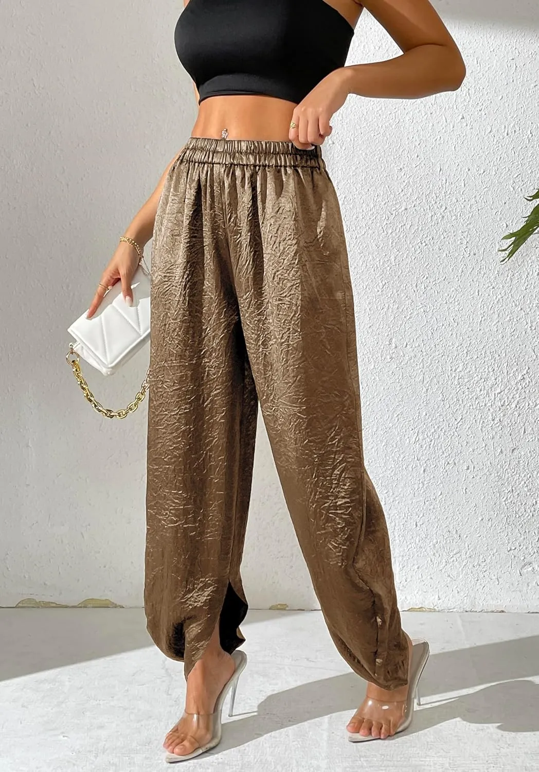 Women's Satin Pants Baggy Dressy Trouser Wide Leg Slouchy Curved Hem Wrinkle Textured Silky Pants