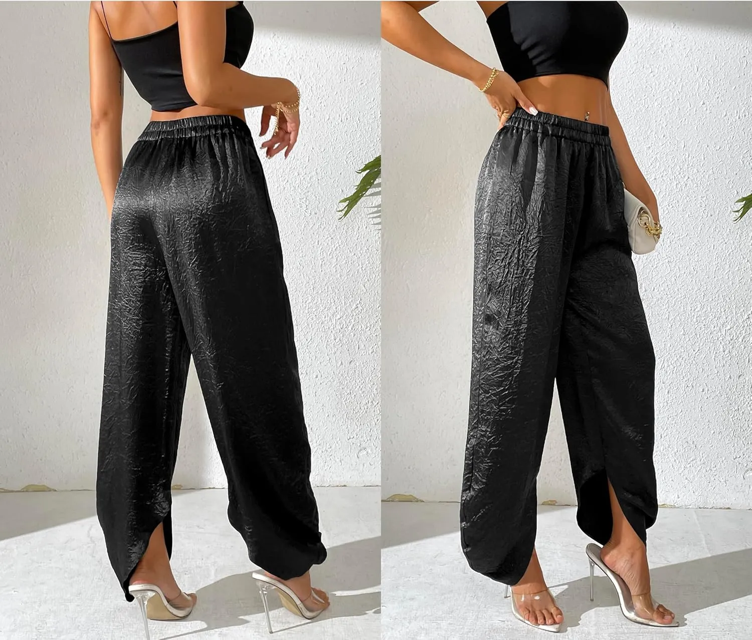 Women's Satin Pants Baggy Dressy Trouser Wide Leg Slouchy Curved Hem Wrinkle Textured Silky Pants