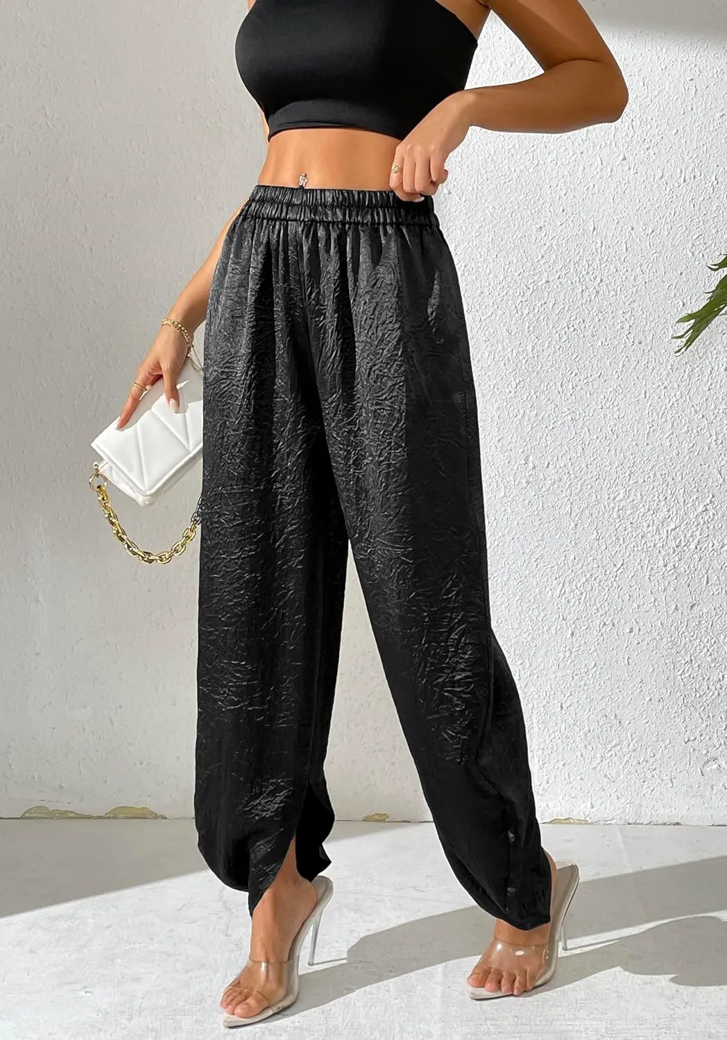 Women's Satin Pants Baggy Dressy Trouser Wide Leg Slouchy Curved Hem Wrinkle Textured Silky Pants