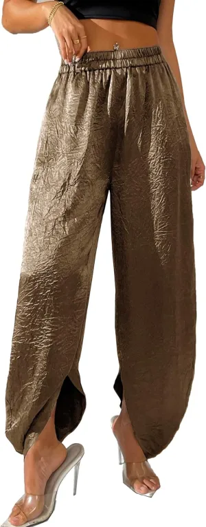 Women's Satin Pants Baggy Dressy Trouser Wide Leg Slouchy Curved Hem Wrinkle Textured Silky Pants
