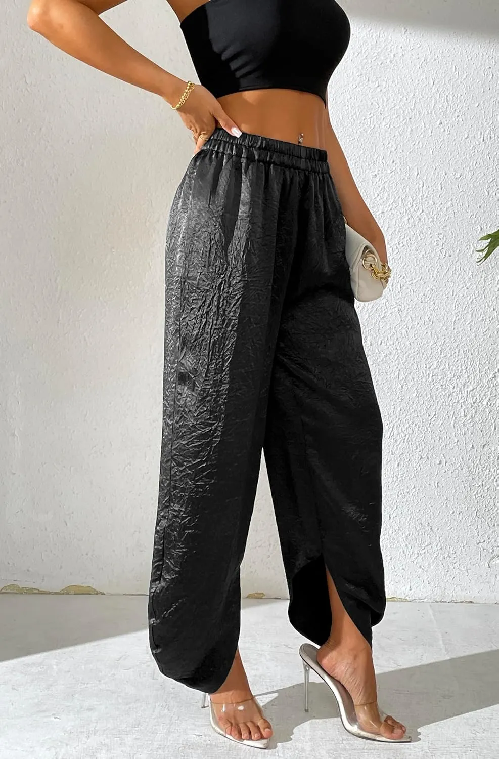 Women's Satin Pants Baggy Dressy Trouser Wide Leg Slouchy Curved Hem Wrinkle Textured Silky Pants
