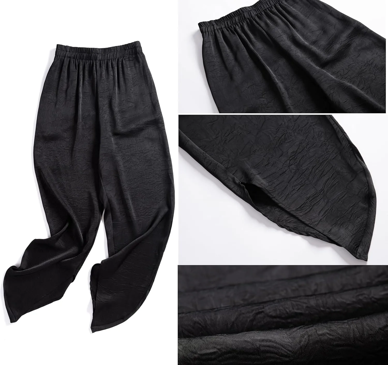 Women's Satin Pants Baggy Dressy Trouser Wide Leg Slouchy Curved Hem Wrinkle Textured Silky Pants