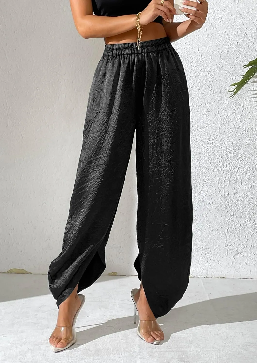 Women's Satin Pants Baggy Dressy Trouser Wide Leg Slouchy Curved Hem Wrinkle Textured Silky Pants