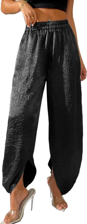 Women's Satin Pants Baggy Dressy Trouser Wide Leg Slouchy Curved Hem Wrinkle Textured Silky Pants