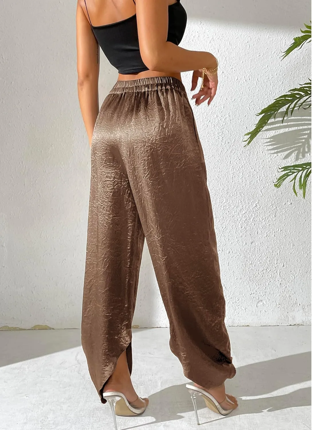 Women's Satin Pants Baggy Dressy Trouser Wide Leg Slouchy Curved Hem Wrinkle Textured Silky Pants