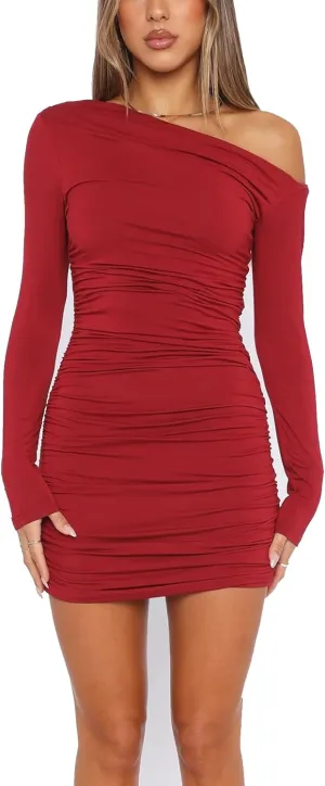 Women's Sexy Bodycon One Shoulder Long Sleeve Ruffle Mini Dress Club Party Cocktail Y2K
