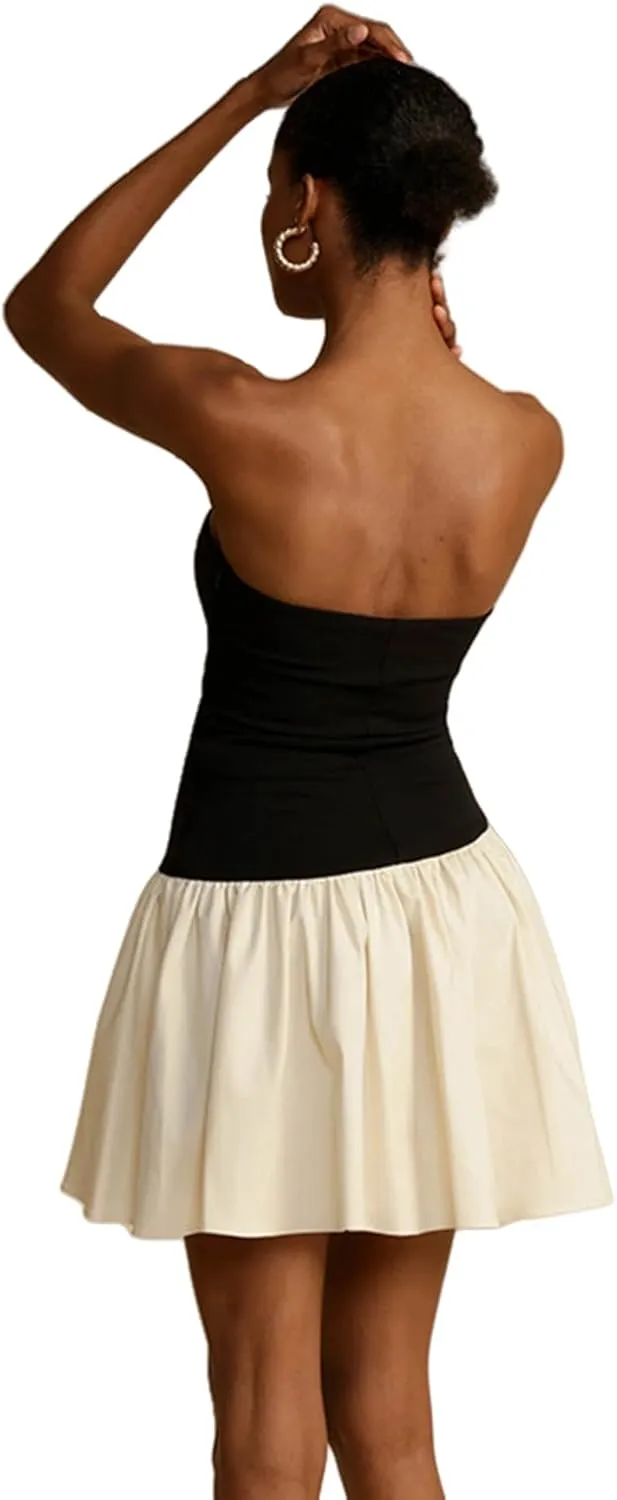 Women's Sexy Pleated Off Shoulder Mini Dress Color Block Y2K Strapless Tube Tops Dress Bodycon Summer Party Club Dresses