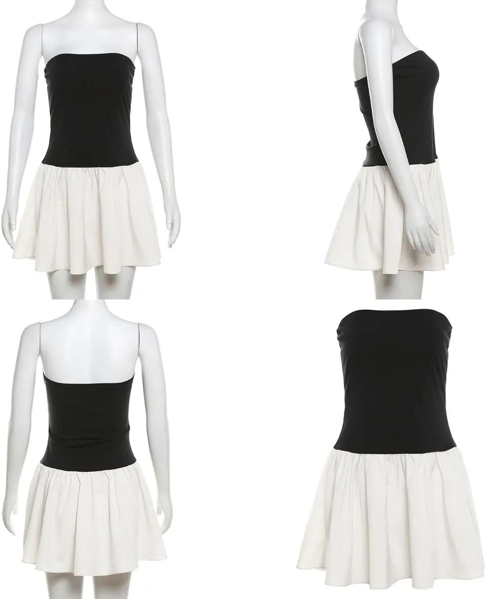 Women's Sexy Pleated Off Shoulder Mini Dress Color Block Y2K Strapless Tube Tops Dress Bodycon Summer Party Club Dresses