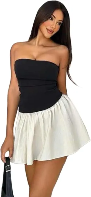 Women's Sexy Pleated Off Shoulder Mini Dress Color Block Y2K Strapless Tube Tops Dress Bodycon Summer Party Club Dresses