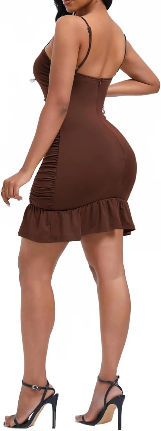 Women's Sexy V Neck Sleeveless Ruched Spaghetti Strap Going Out Mini Dress