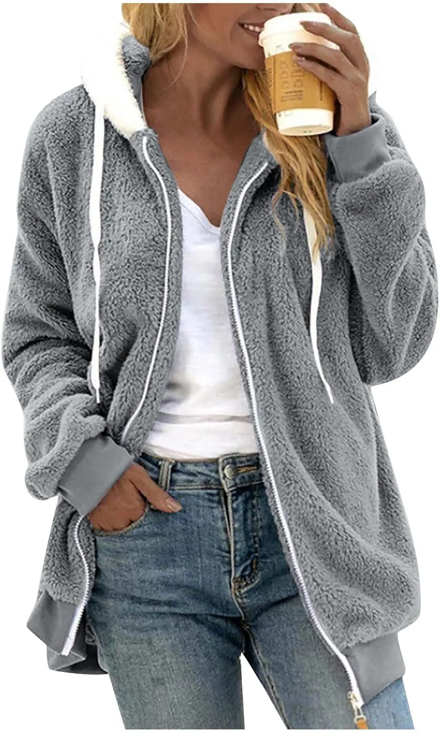 Women's Sherpa Fleece Casual Winter Warm Coat Oversized Zipper Hoodie Jackets