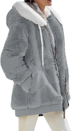 Women's Sherpa Fleece Casual Winter Warm Coat Oversized Zipper Hoodie Jackets